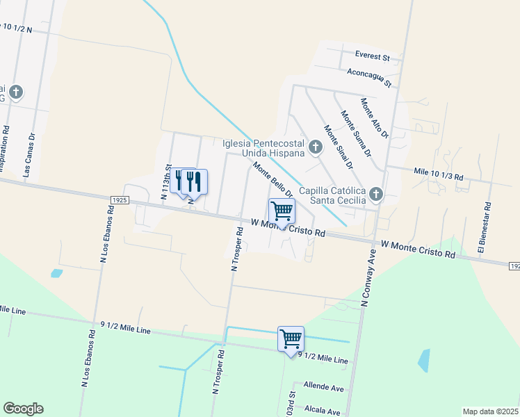 map of restaurants, bars, coffee shops, grocery stores, and more near 10704 West Monte Cristo Road in Edinburg