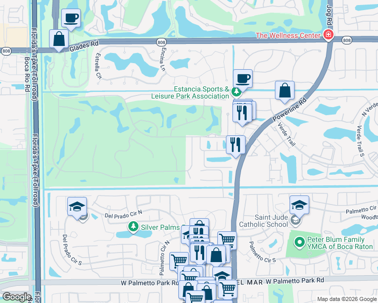 map of restaurants, bars, coffee shops, grocery stores, and more near 21366 Greenwood Court in Boca Raton