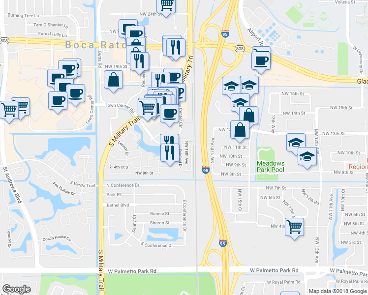 map of restaurants, bars, coffee shops, grocery stores, and more near 1141 Northwest 18th Avenue in Boca Raton