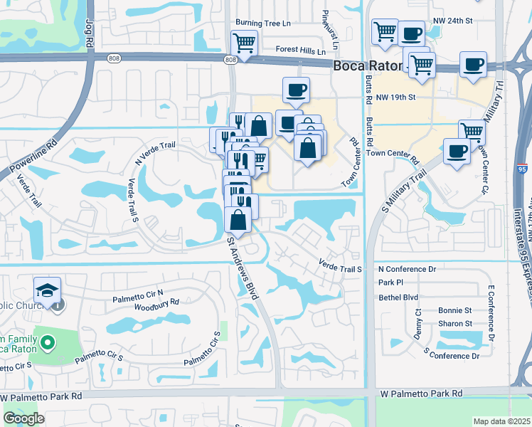 map of restaurants, bars, coffee shops, grocery stores, and more near 5881 Town Bay Drive in Boca Raton