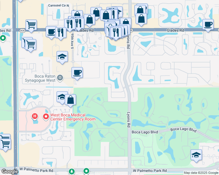 map of restaurants, bars, coffee shops, grocery stores, and more near 21145 White Oak Avenue in Boca Raton