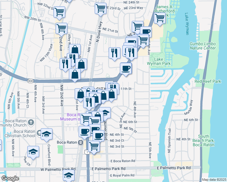 map of restaurants, bars, coffee shops, grocery stores, and more near 1151 North Federal Highway in Boca Raton