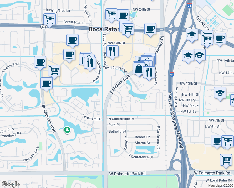 map of restaurants, bars, coffee shops, grocery stores, and more near 5413 Grand Park Place in Boca Raton
