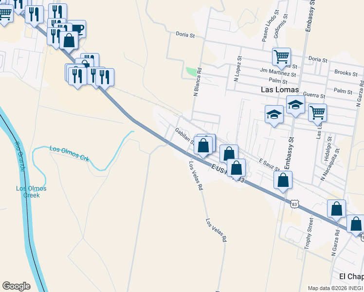 map of restaurants, bars, coffee shops, grocery stores, and more near 2 Gabilan Street in Rio Grande City