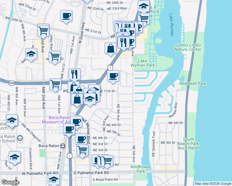map of restaurants, bars, coffee shops, grocery stores, and more near 1132 Northeast 3rd Avenue in Boca Raton