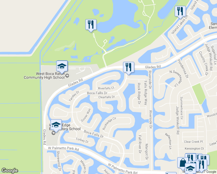 map of restaurants, bars, coffee shops, grocery stores, and more near 12317 Riverfalls Court in Boca Raton