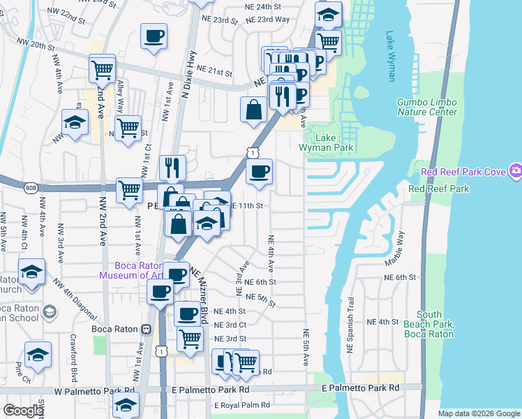map of restaurants, bars, coffee shops, grocery stores, and more near 1132 Northeast 3rd Avenue in Boca Raton