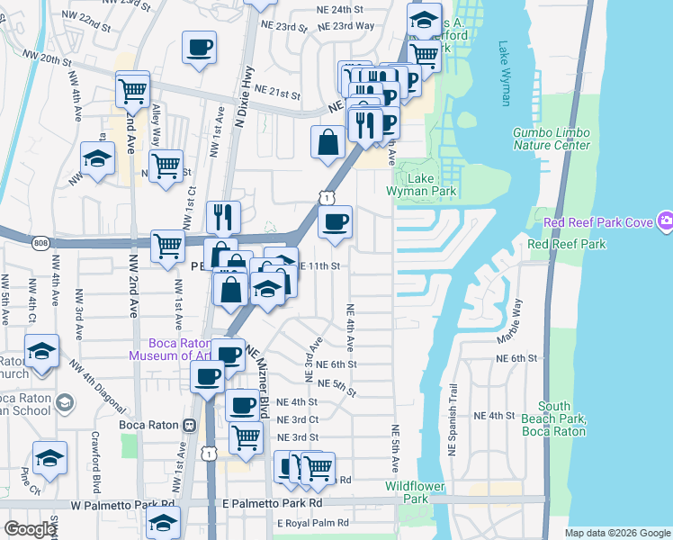 map of restaurants, bars, coffee shops, grocery stores, and more near 1132 Northeast 3rd Avenue in Boca Raton