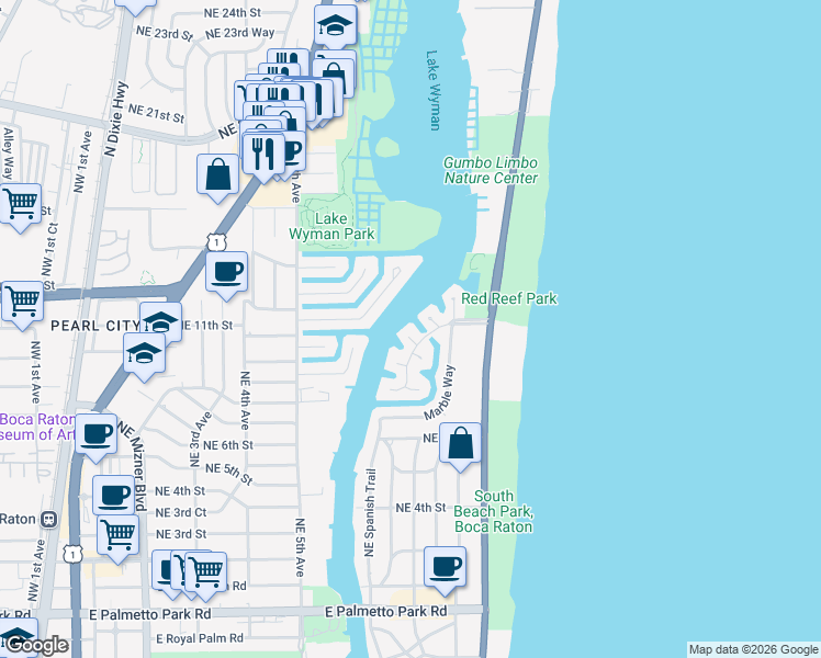 map of restaurants, bars, coffee shops, grocery stores, and more near 863 Buttonwood Drive in Boca Raton