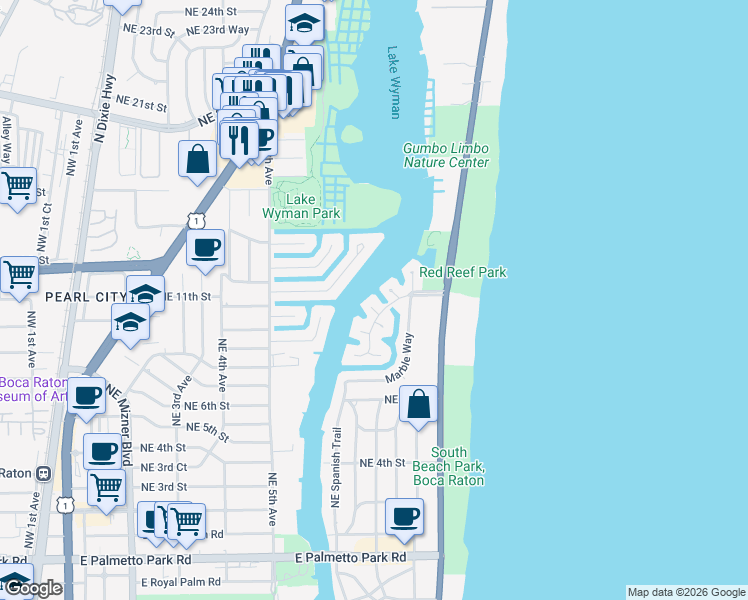 map of restaurants, bars, coffee shops, grocery stores, and more near 863 Buttonwood Drive in Boca Raton
