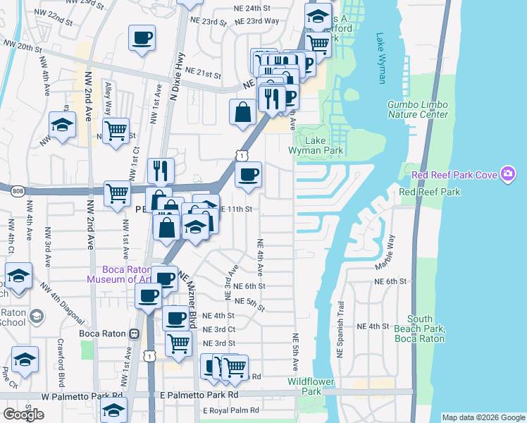 map of restaurants, bars, coffee shops, grocery stores, and more near 440 Northeast 12th Street in Boca Raton