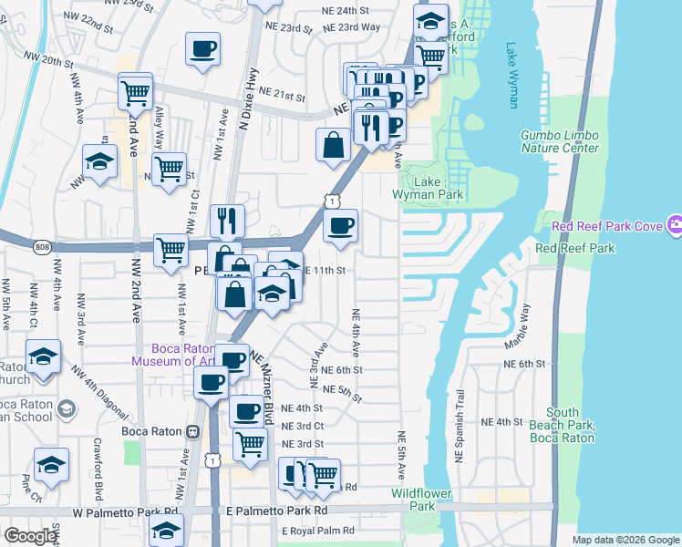 map of restaurants, bars, coffee shops, grocery stores, and more near 1132 Northeast 3rd Avenue in Boca Raton