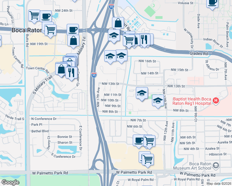 map of restaurants, bars, coffee shops, grocery stores, and more near 1171 Northwest 15th Court in Boca Raton