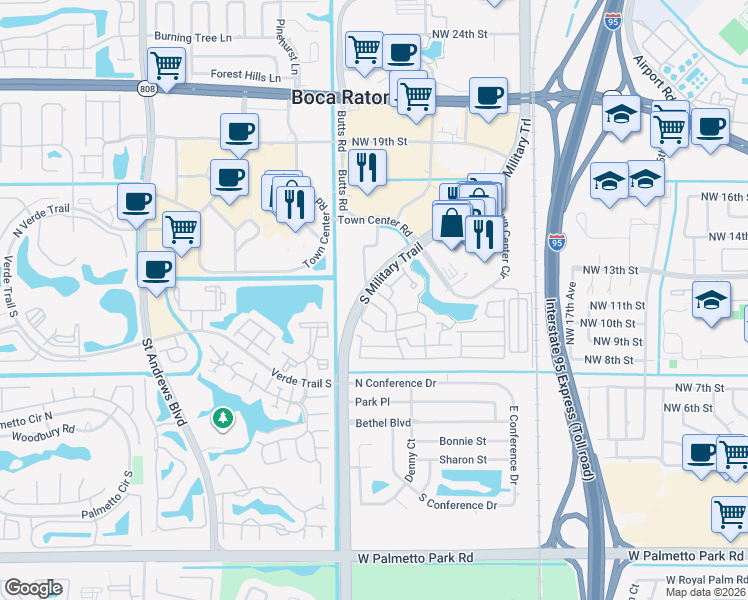 map of restaurants, bars, coffee shops, grocery stores, and more near 5359 Buckhead Circle in Boca Raton
