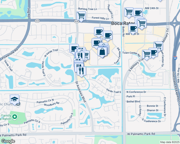 map of restaurants, bars, coffee shops, grocery stores, and more near 5881 Town Bay Drive in Boca Raton