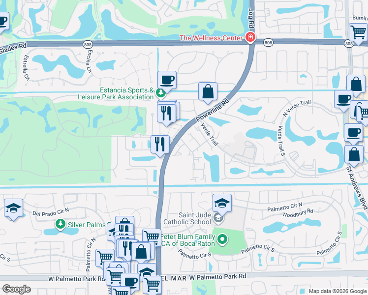 map of restaurants, bars, coffee shops, grocery stores, and more near 21343 Placida Terrace in Boca Raton