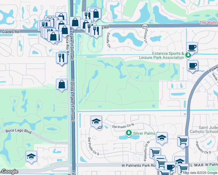 map of restaurants, bars, coffee shops, grocery stores, and more near 21237 Harrow Court in Boca Raton