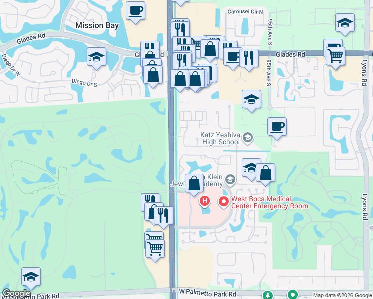 map of restaurants, bars, coffee shops, grocery stores, and more near 9911 Palma Vista Way in Boca Raton