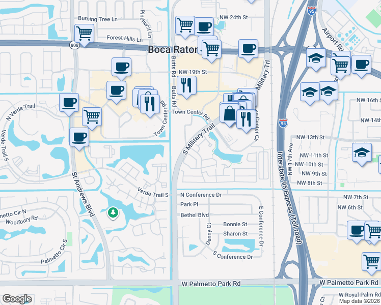 map of restaurants, bars, coffee shops, grocery stores, and more near 5359 Buckhead Circle in Boca Raton
