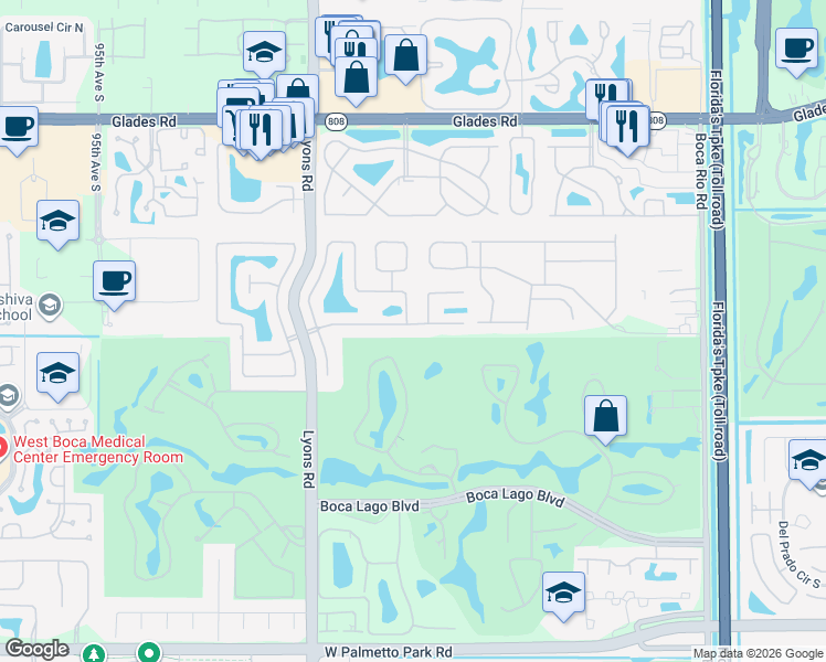 map of restaurants, bars, coffee shops, grocery stores, and more near 8736 Escondido Way East in Boca Raton
