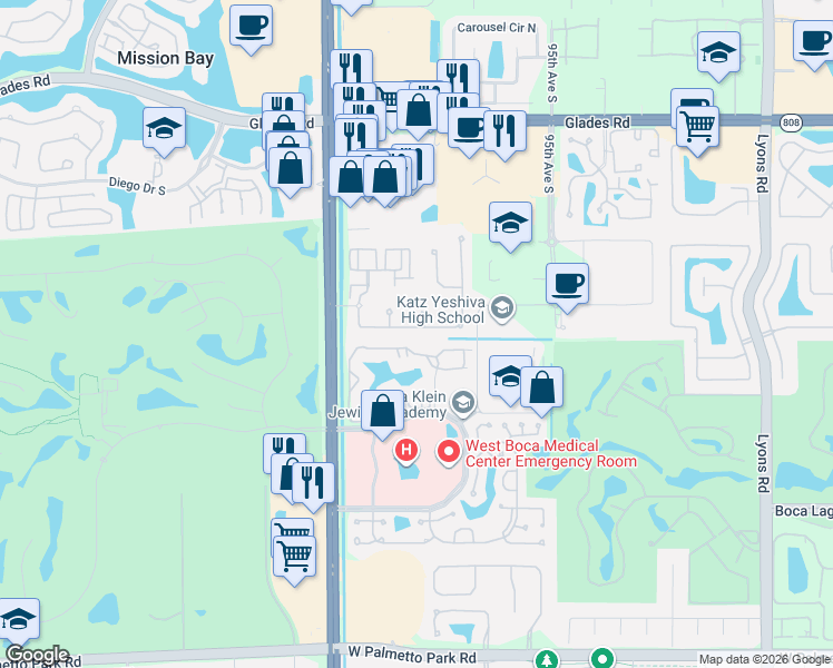 map of restaurants, bars, coffee shops, grocery stores, and more near 9869 Palma Vista Way in Boca Raton