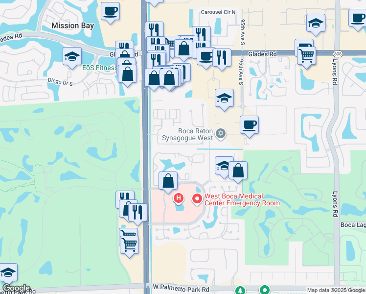 map of restaurants, bars, coffee shops, grocery stores, and more near 9856 Palma Vista Way in Boca Raton