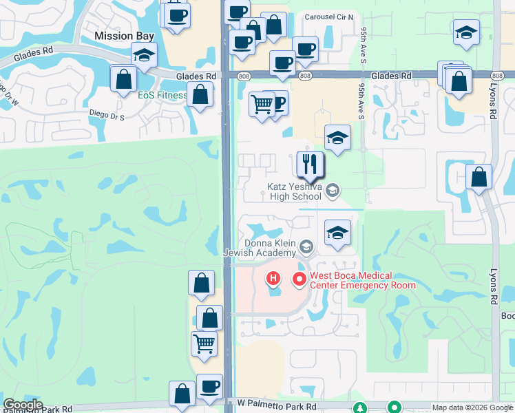 map of restaurants, bars, coffee shops, grocery stores, and more near 9911 Palma Vista Way in Boca Raton