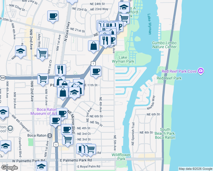 map of restaurants, bars, coffee shops, grocery stores, and more near 440 Northeast 12th Street in Boca Raton