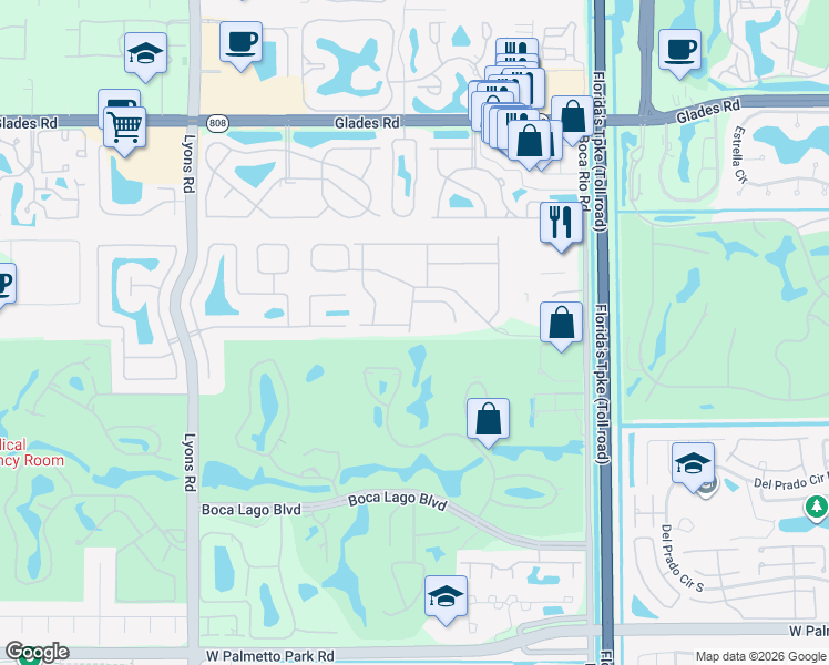 map of restaurants, bars, coffee shops, grocery stores, and more near 21232 Vía Fiore in Boca Raton