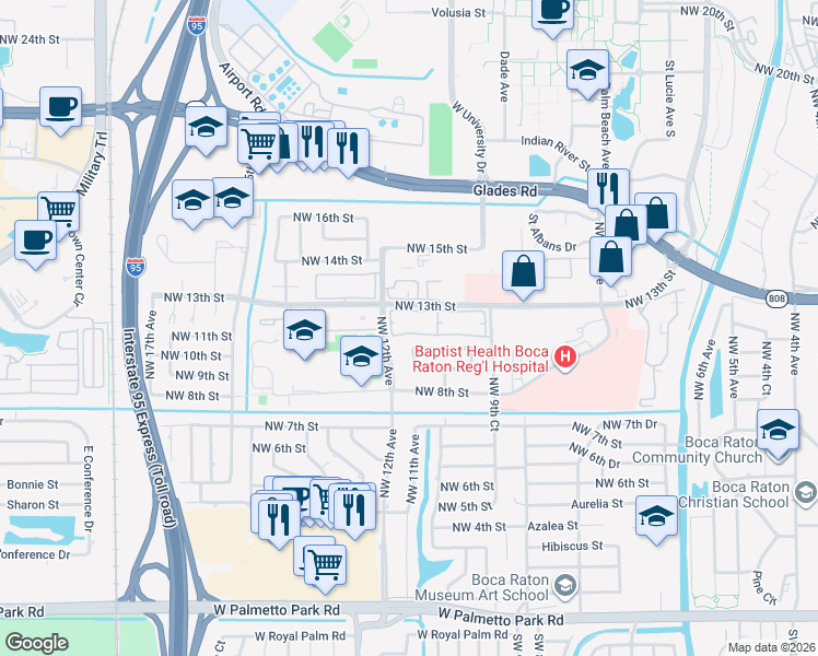 map of restaurants, bars, coffee shops, grocery stores, and more near 1150 Northwest 13th Street in Boca Raton