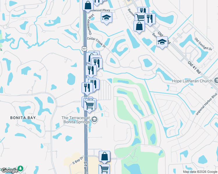 map of restaurants, bars, coffee shops, grocery stores, and more near 201 Limetree Park Drive in Bonita Springs