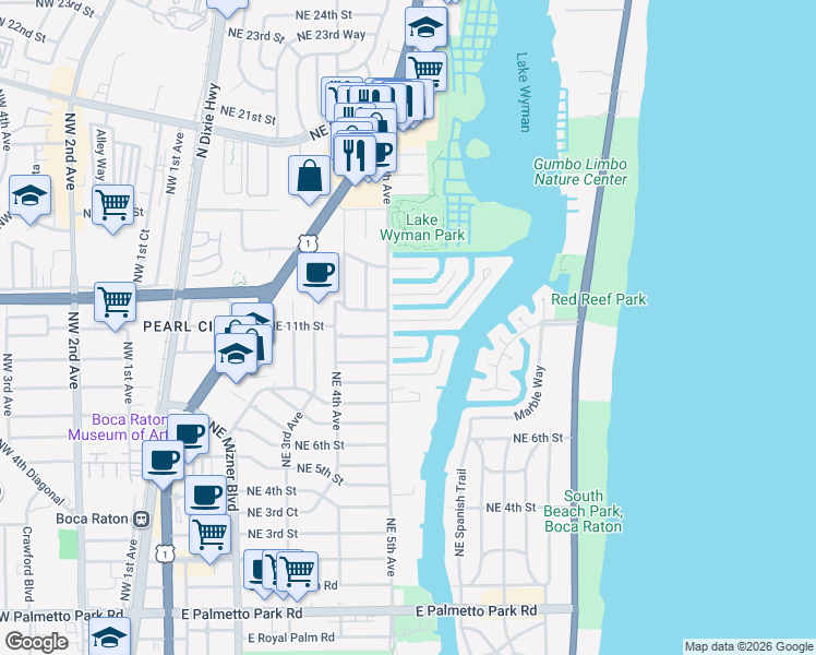 map of restaurants, bars, coffee shops, grocery stores, and more near 501 Golden Harbour Drive in Boca Raton