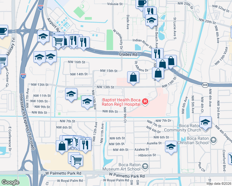 map of restaurants, bars, coffee shops, grocery stores, and more near 1074 Northwest 13th Street in Boca Raton