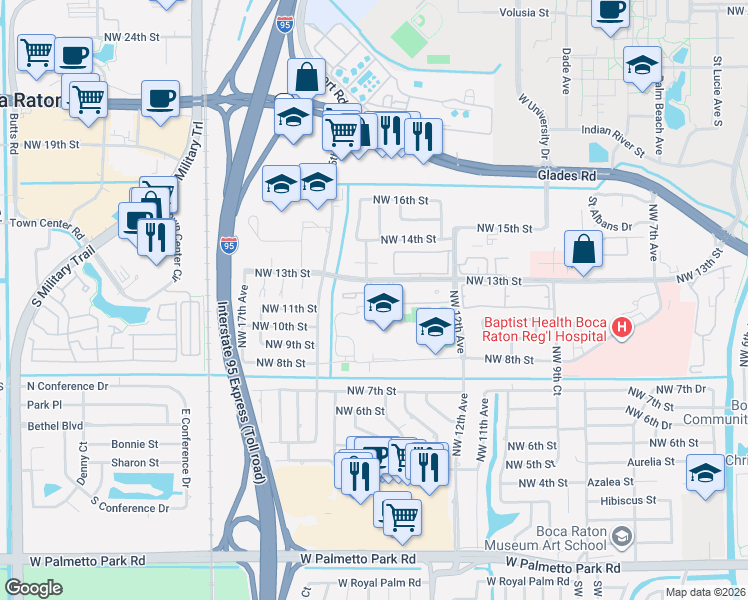 map of restaurants, bars, coffee shops, grocery stores, and more near 1330 Northwest 13th Street in Boca Raton