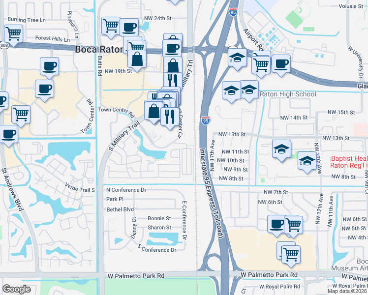 map of restaurants, bars, coffee shops, grocery stores, and more near 1220 Southwest 18th Street in Boca Raton