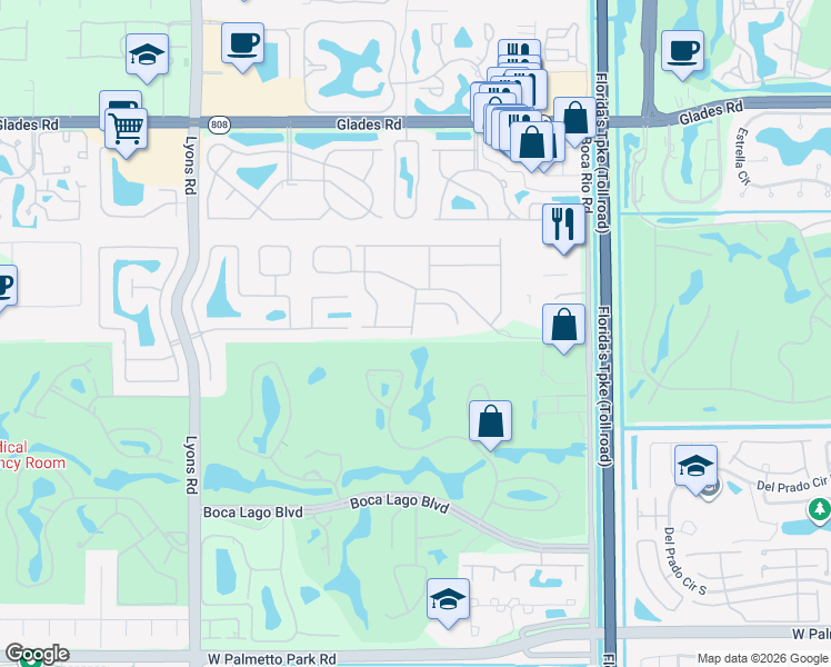 map of restaurants, bars, coffee shops, grocery stores, and more near 21232 Vía Fiore in Boca Raton
