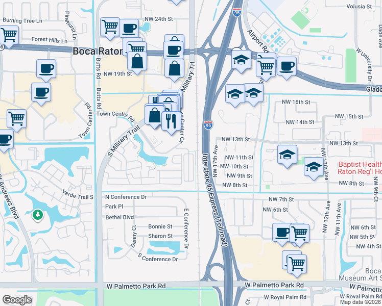 map of restaurants, bars, coffee shops, grocery stores, and more near 1220 Southwest 18th Street in Boca Raton