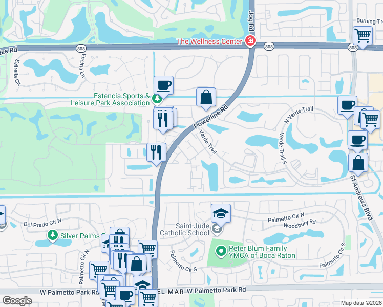 map of restaurants, bars, coffee shops, grocery stores, and more near 21343 Placida Terrace in Boca Raton