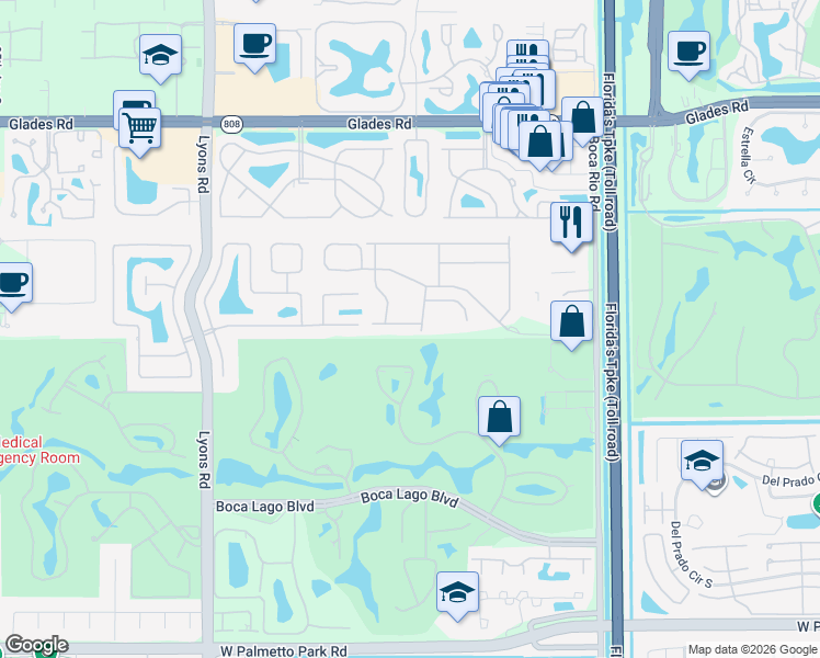 map of restaurants, bars, coffee shops, grocery stores, and more near 21232 Vía Fiore in Boca Raton