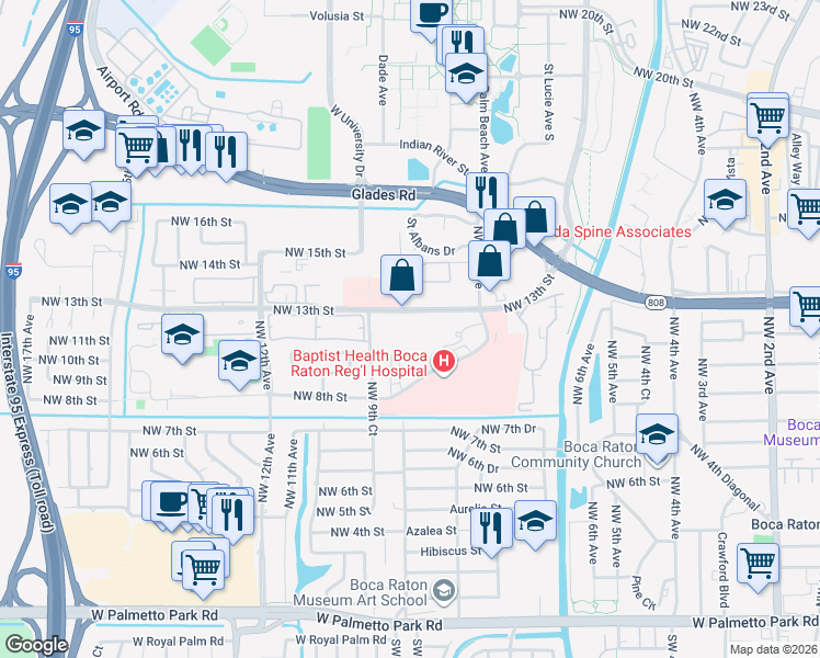 map of restaurants, bars, coffee shops, grocery stores, and more near 950 Northwest 13th Street in Boca Raton