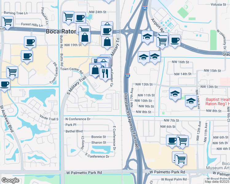 map of restaurants, bars, coffee shops, grocery stores, and more near 1865 Northwest 12th Street in Boca Raton