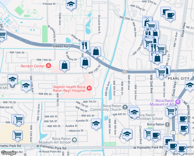 map of restaurants, bars, coffee shops, grocery stores, and more near 620 Northwest 13th Street in Boca Raton