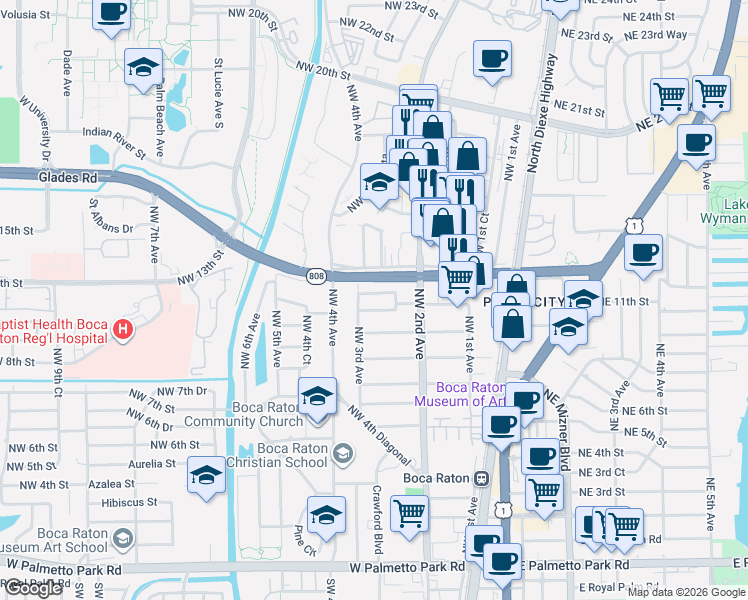 map of restaurants, bars, coffee shops, grocery stores, and more near 299 Northwest 12th Street in Boca Raton
