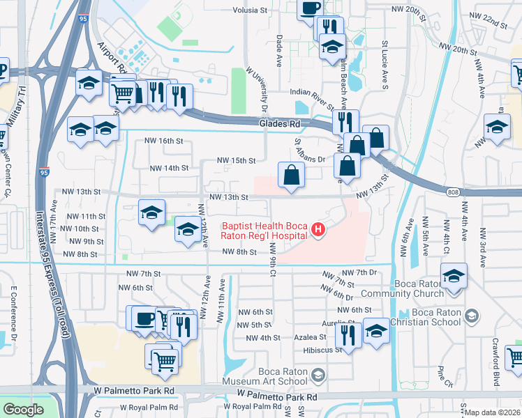 map of restaurants, bars, coffee shops, grocery stores, and more near 1000 Northwest 13th Street in Boca Raton