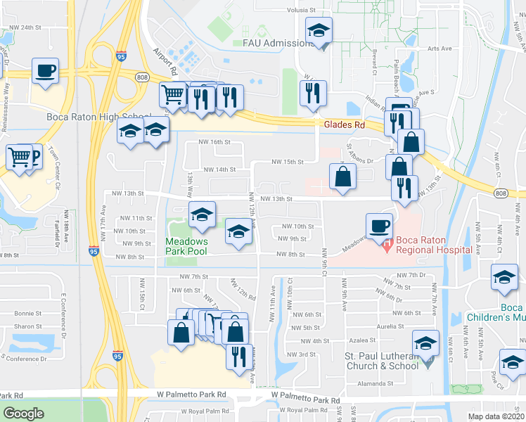 map of restaurants, bars, coffee shops, grocery stores, and more near 1150 Northwest 13th Street in Boca Raton