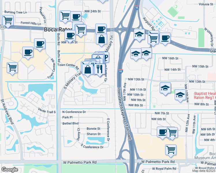map of restaurants, bars, coffee shops, grocery stores, and more near 1220 Southwest 18th Street in Boca Raton