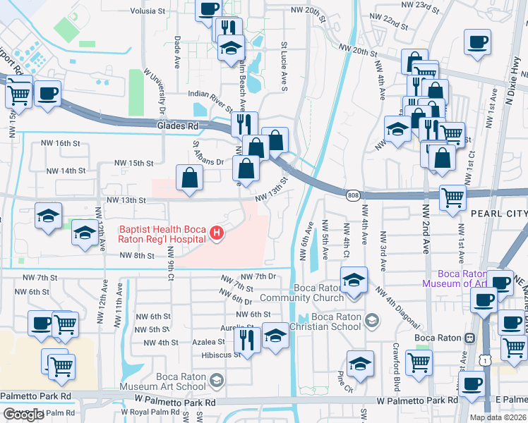 map of restaurants, bars, coffee shops, grocery stores, and more near 618 Northwest 13th Street in Boca Raton