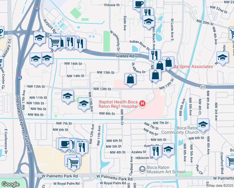 map of restaurants, bars, coffee shops, grocery stores, and more near 1000 Northwest 13th Street in Boca Raton