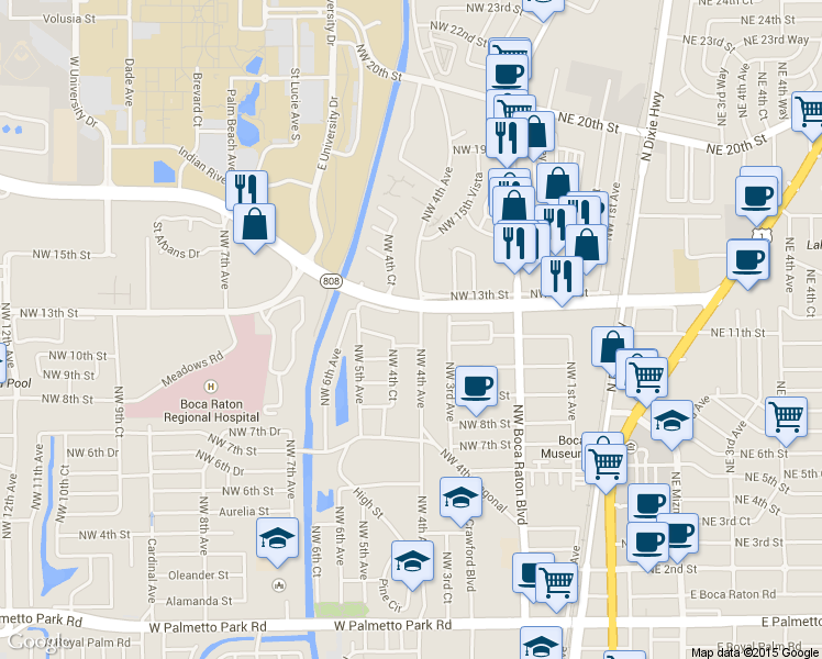 map of restaurants, bars, coffee shops, grocery stores, and more near 1201 Northwest 4th Avenue in Boca Raton