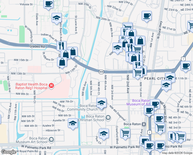 map of restaurants, bars, coffee shops, grocery stores, and more near 478 Northwest 13th Street in Boca Raton